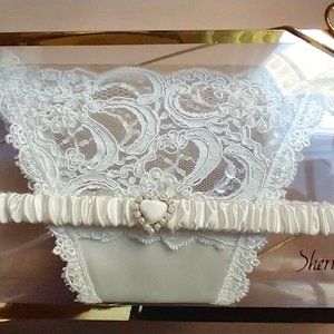 Bridal Thong and Garter Set - Sequined Lace and White Satin